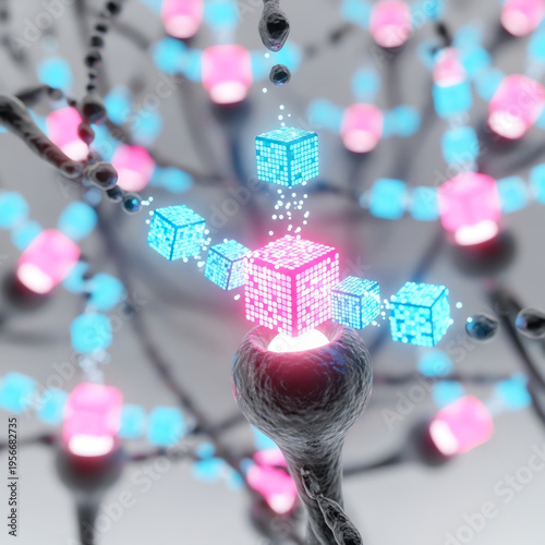 Neural Network and Quantum Computing Integration Visualized with Glowing Cubes and Synaptic Connections