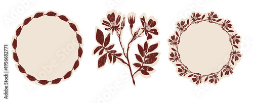 Hand drawn floral block print motif icon set with leaf wreath frame. Isolated flat vector element lino cut elegant neutral tone bundle.For spring summer botanical garden handmade mood