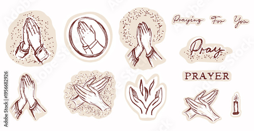 Hand drawn pray l and praying hands motif. Isolated flat vector for church prayer request sign, bible journaling for women sticker aesthetic . Praying for you hand lettering text christian candle icon