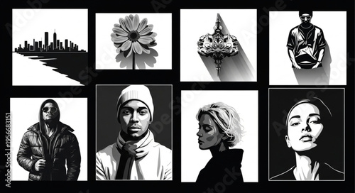 Black and white people portraits.