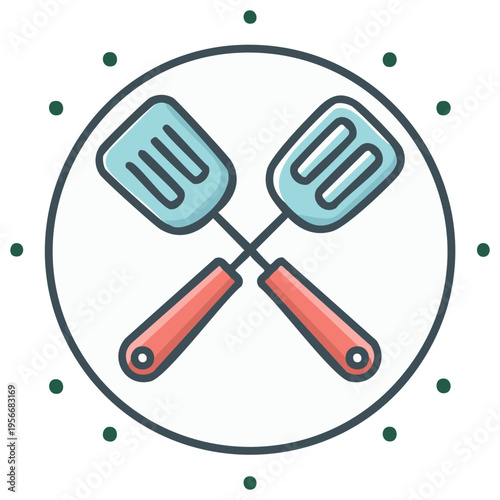Vector icon of crossed grilling spatulas in a circle. Simple cooking and barbecue tool emblem.