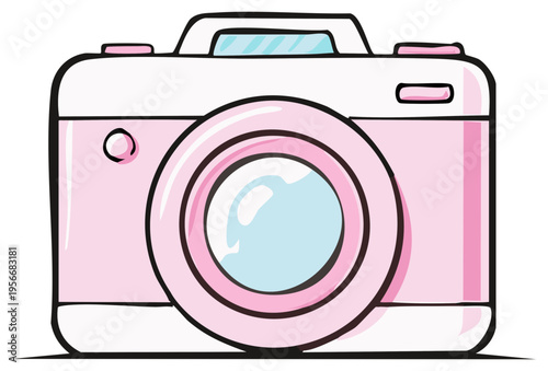 Cute pink retro photo camera cartoon doodle illustration