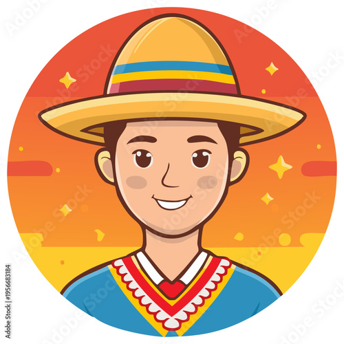 Smiling young man in traditional wide brimmed hat and colorful poncho against warm gradient background