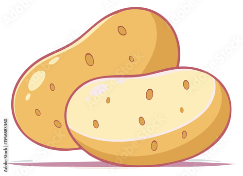 Fresh raw whole and half cut potatoes cartoon vector illustration