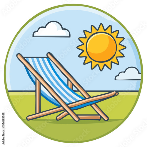 Illustration of a sunny day with a lounge chair, sun, and clouds in a grassy field.