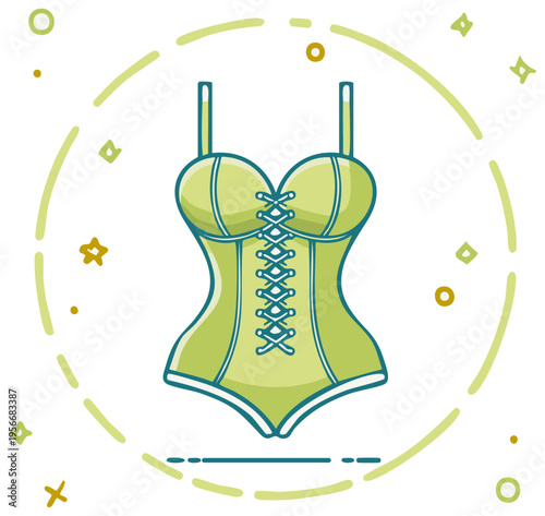 Fashionable green corset with lace-up front and decorative circular frame