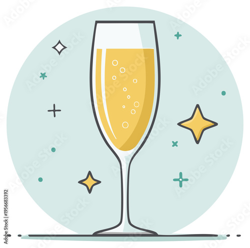Flute glass filled with sparkling yellow beverage and bubbles surrounded by festive stars and circles