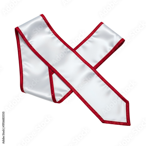 Elegant white satin sash with sparkling red glitter trim, isolated on transparent background, ideal for celebrations and design.