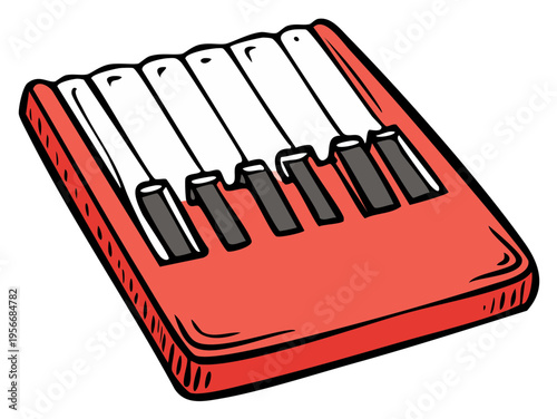 Bright red musical keyboard with black and white keys for playing melodies