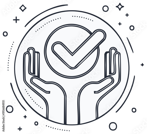 Checkmark in hands icon, concept of approval, support, quality control, assurance