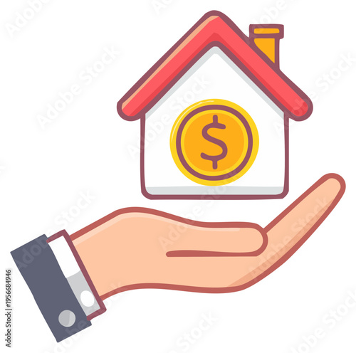 Hand gently holding a house icon featuring a dollar coin, representing home investment and property financing