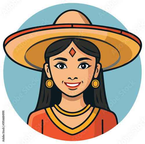 Smiling cartoon woman in a sombrero with earrings and a jewel on her forehead, in a blue circle.