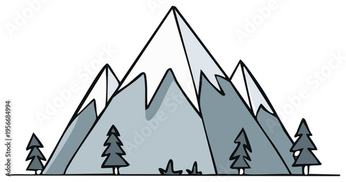 Hand drawn graphic illustration of snow capped mountain range with evergreen trees