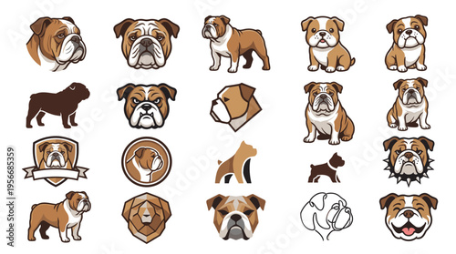 Collection of bulldog illustrations in various poses and styles, including headshots, full body, and stylized designs.