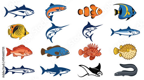 A collection of various colorful fish illustrations, swimming and isolated on white.