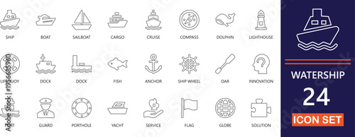modern editable thin line icons of watership , cargo, vessels, maritime, logistics, sea, freight, shipping, boats and nautical shipping for web and app ui.