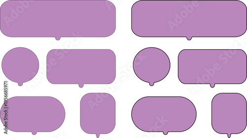 ピンクと紫色の吹き出しセット。角丸長方形、丸、縦長などさまざまな形が含まれている。シンプルで使いやすい。