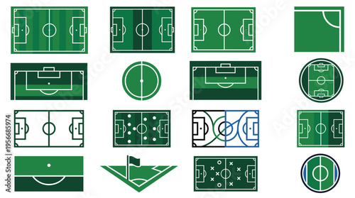 Collection of diverse soccer and football field illustrations with various layouts and perspectives.