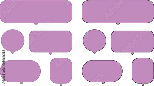 ピンクと紫色の吹き出しセット。角丸長方形、丸、縦長などさまざまな形が含まれている。シンプルで使いやすい。