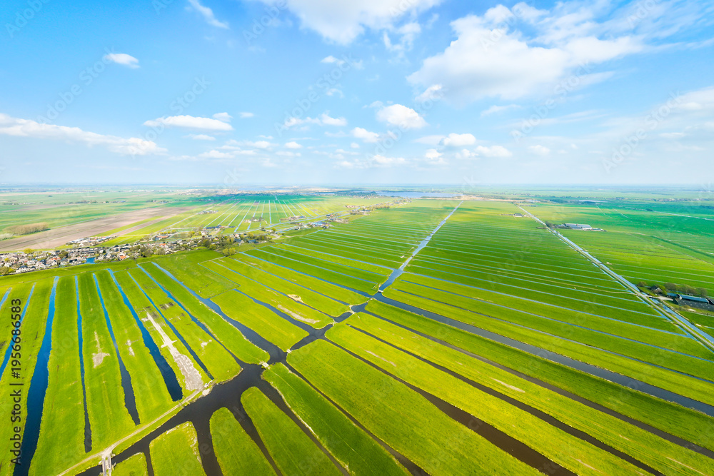 Fototapeta premium Aerial view of Dutch agricultural landscape with green fields, meadows and water canals under blue sky. Summer sunny day in Netherlands countryside. Rural agriculture environment from above.