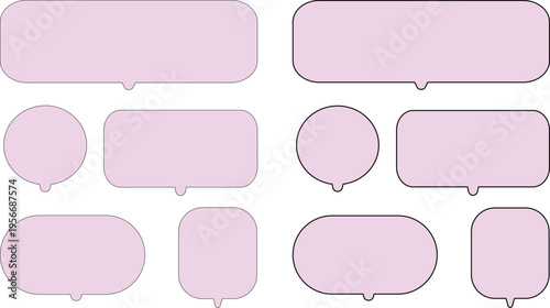 ピンクと紫色の吹き出しセット。角丸長方形、丸、縦長などさまざまな形が含まれている。シンプルで使いやすい。