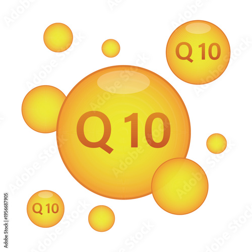Coenzyme Q10 Vector Illustration: Yellow CoQ10 Supplement Bubbles for Health, Energy and Skin Care. Antioxidant Nutrition Icon for Pharmacy and Medical Design. Vitamin Diet Capsule Concept Logo.