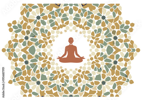 Meditating person silhouette in lotus pose inside ornate geometric mosaic mandala pattern. Clean vector illustration ideal for cultural wellness mindfulness apps ethnic branding and zen decor