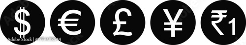 A collection of five black circular icons featuring various global currency symbols on white back. Vector