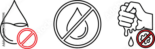 A set of three linear icons illustrating various water restriction and prohibition safety symbols Vector
