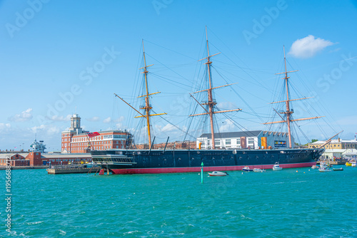 Canvastavla HMS Warrior battle ship at port of Portsmouth, England