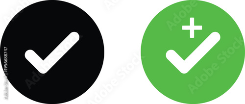 A pair of circular icons featuring a simple checkmark and a checkmark with a small plus sign added Vector