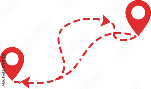 A red airplane flight path icon connecting two location map pins on a clean white background area Vector
