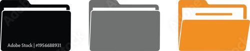 Three different computer file folder icons in black grey and orange colors for digital interface Vector