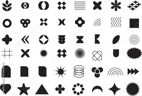 vector set of geometric y2k design elements. Abstract star, sparkle, flower collection, digital symmetrical and asymmetrical shapes, trendy set with Bauhaus, futuristic, and Memphis styles on white ba