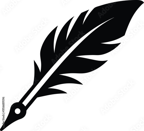 a feather pen with a sharp nib and curved quill silhouette vector illustration on transparent background