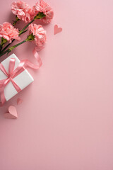 Pink Mother's Day gift vertical scene featuring a wrapped present with satin ribbon and carnation flowers on a pastel background