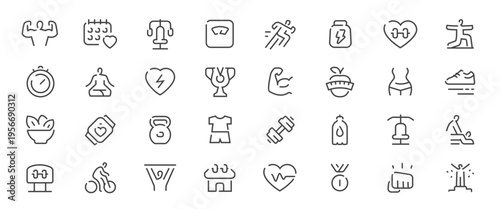 Fitness and sport line icons set. Gym and workout outline vector symbols collection