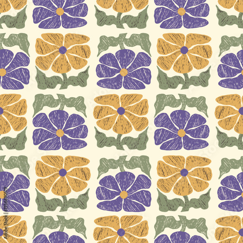 Floral Seamless Pattern Hand-Drawn. Abstract Botanical Yellow Blue Flowers of Matisse inspired with Textured Crayon Hatching on Light Background. Vector Illustration