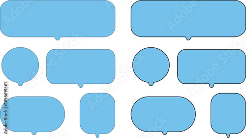 Collection of various light blue speech and thought bubbles on transparent background..A versatile collection of ten bright sky blue speech bubbles in various shapes, including rounded rectangles,.