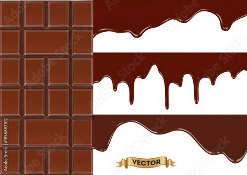Set of flowing chocolate drips with chocolate bar isolated on transparent background. Realistic vector illustration for dessert design, packaging, confectionery branding and food themes