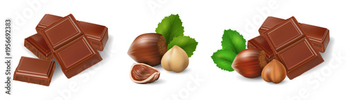 Set of chocolate cubes with hazelnuts isolated on transparent background. Realistic vector illustration of dessert ingredients for confectionery design, packaging and sweet food themes