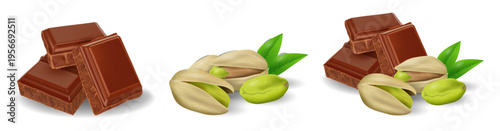 Set of chocolate cubes with pistachios isolated on transparent background. Realistic vector illustration of dessert ingredients for confectionery design, packaging and sweet food themes