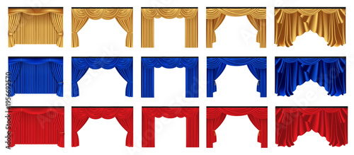 Set of theater curtains in gold, blue and red colors isolated on transparent background. Realistic vector illustration of stage drapery for performance, show, cinema and theater design