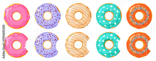 Set of donuts in different colors and flavors isolated on transparent background. Realistic vector illustration of sweet bakery desserts for food design, menu, packaging and cafe themes