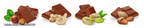 Set of chocolate cubes with hazelnuts, pistachios, cashews and almonds isolated on transparent background. Realistic vector illustration for dessert design, confectionery packaging and food themes