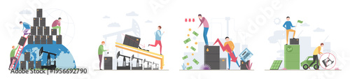 Set of flat vector compositions depicting oil crisis concepts, including fuel shortage, rising prices, and energy disruption. Isolated on transparent background for editorial and commercial use