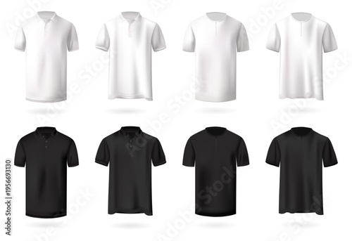 Set of black and white summer t-shirts isolated on transparent background. Realistic vector illustration of casual clothing for fashion, apparel, and wardrobe design