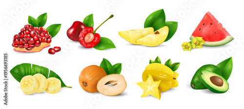 Set of summer fruits including pomegranate, cherry, guava, watermelon and more isolated on transparent background. Realistic vector illustration for food, beverage, and seasonal design