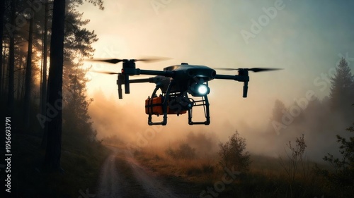 Rescue Drone Equipped with Spotlight and Emergency Kit Flying in Forest