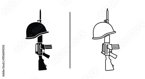 Set of 2 military helmet and rifle icons vector